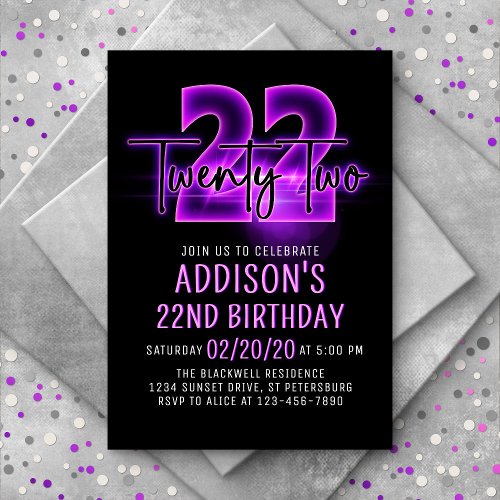 Pink Neon 22nd Birthday Invitation