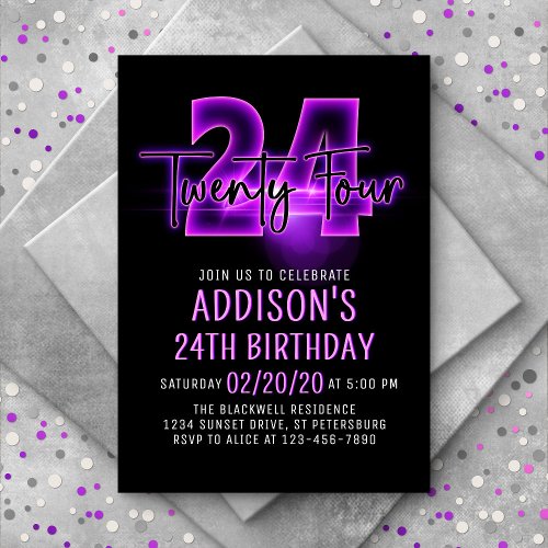 Pink Neon 24th Birthday Invitation