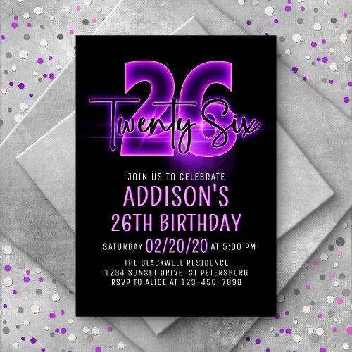 Pink Neon 26th Birthday Invitation