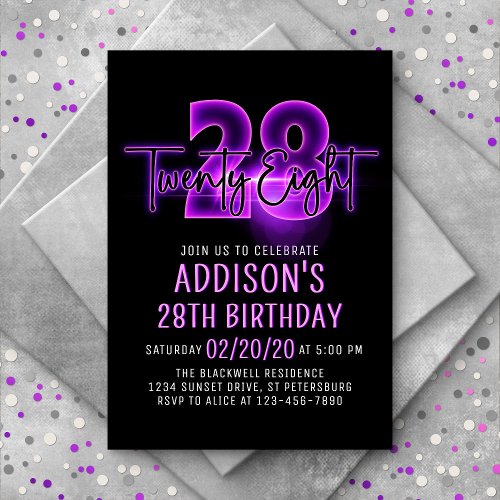 Pink Neon 28th Birthday Invitation