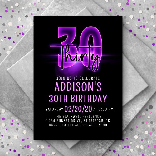 Pink Neon 30th Birthday Invitation