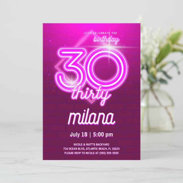 Pink Neon 30th Birthday Party Invitation Card (Standing Front)