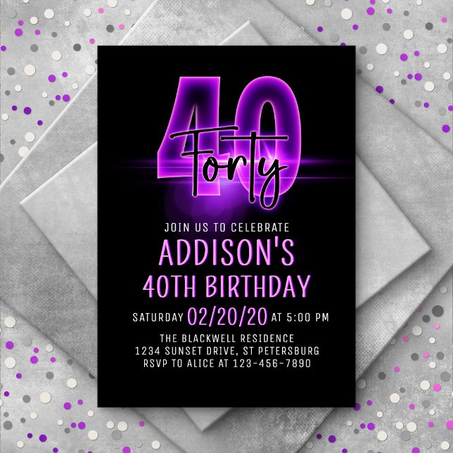 Pink Neon 40th Birthday Invitation (Creator Uploaded)