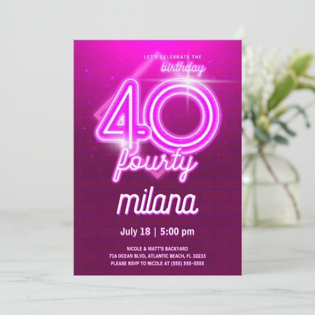 Pink Neon 40th Birthday Party Invitation Card (Standing Front)