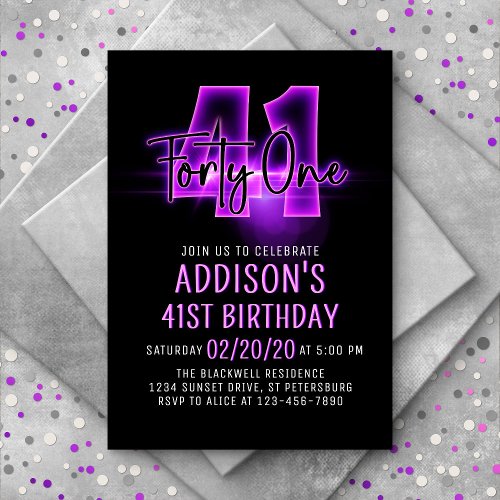 Pink Neon 41st Birthday Invitation