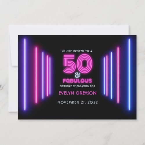 Pink Neon 50  Fabulous 50th Birthday Party Invitation