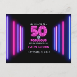Pink Neon 50 & Fabulous 50th Birthday Party Invitation Postcard