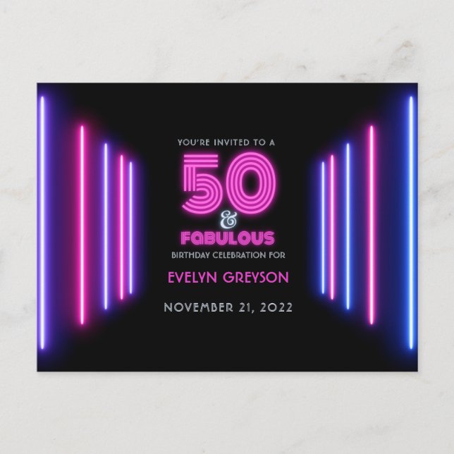 Pink Neon 50 & Fabulous 50th Birthday Party Invitation Postcard (Front)