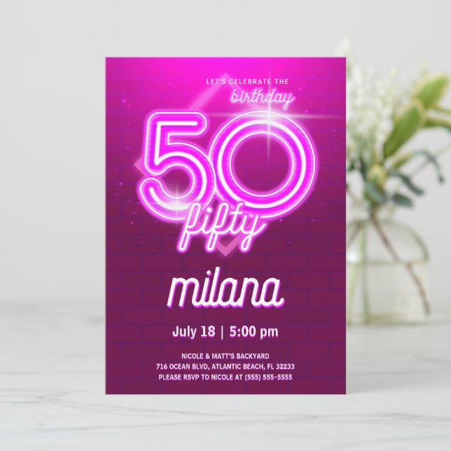 Pink Neon 50th Birthday Party Invitation Card (Standing Front)