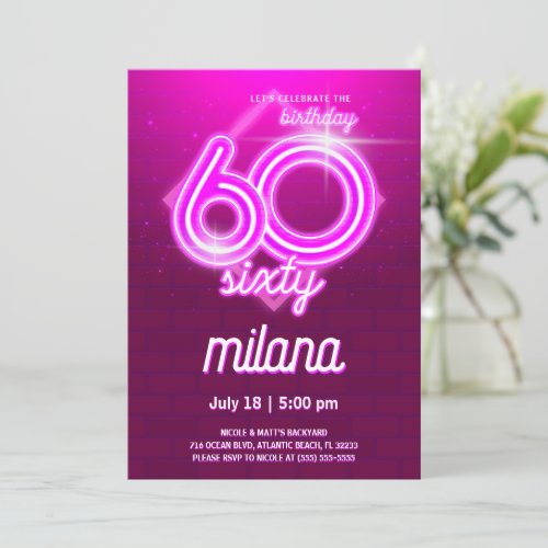 Pink Neon 60th Birthday Party Invitation Card