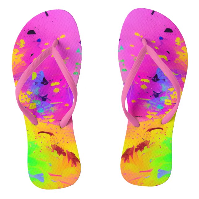 Pink Neon Abstract Paint Splash Flip Flops (Footbed)