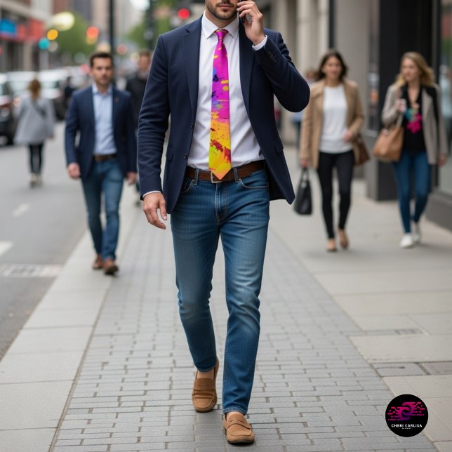 Pink Neon Abstract Paint Splash Neck Tie (Polished fit. Main character tie.)