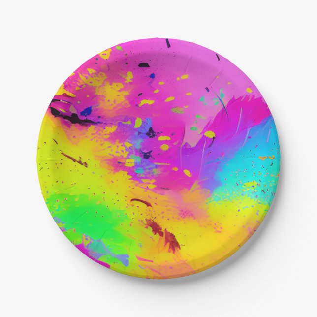 Pink Neon Abstract Paint Splash Paper Plates (Front)