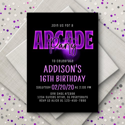 Pink Neon Arcade Party Birthday Invitation