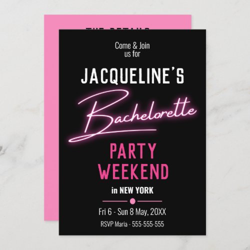 Pink Neon Bachelorette Party Weekend Itinerary Invitation