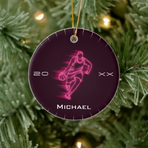 Pink Neon Basketball Player Ghost Silhouette Name Ceramic Ornament
