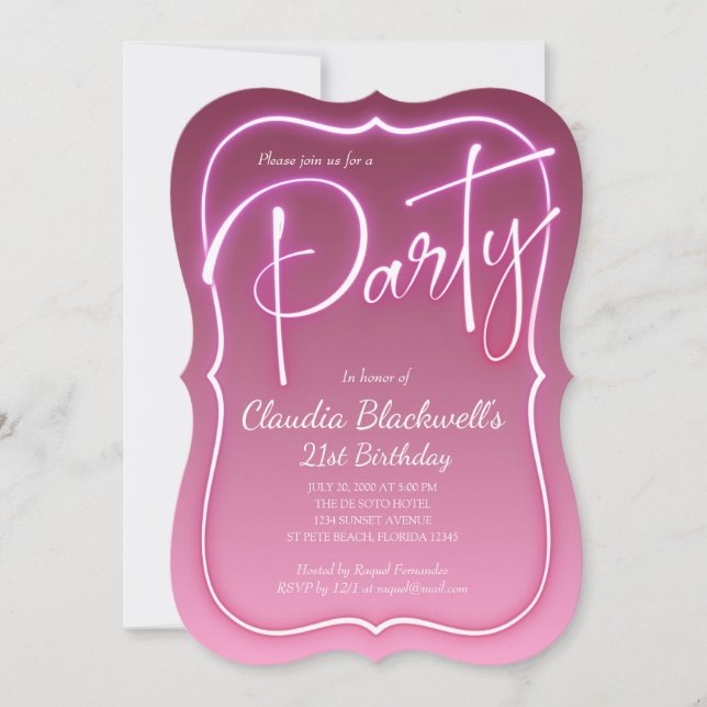 Pink Neon Birthday Invitation (Front)