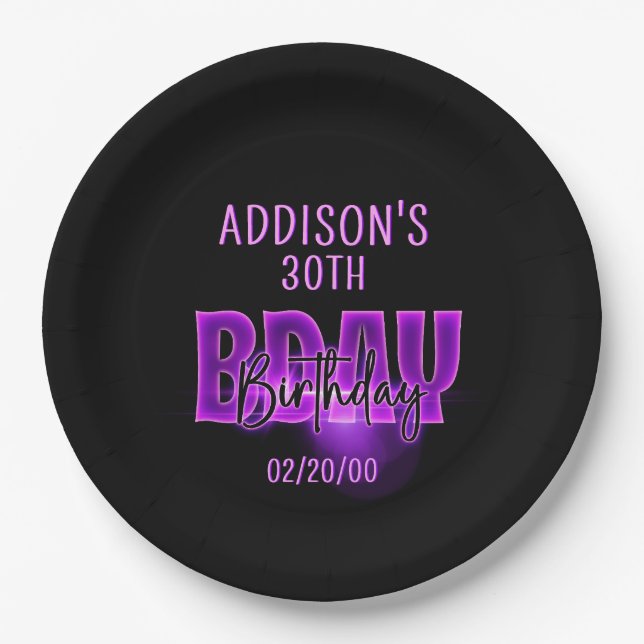 Pink Neon Birthday Paper Plates (Front)