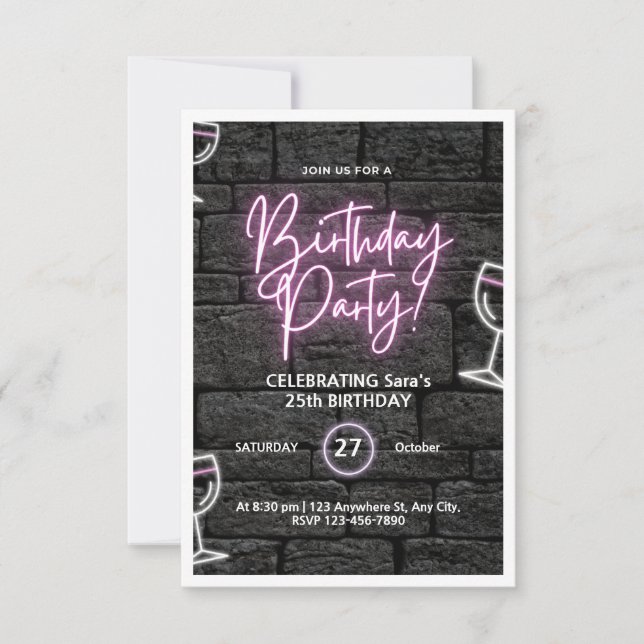 Pink Neon Birthday Party Customized Invitation (Front)