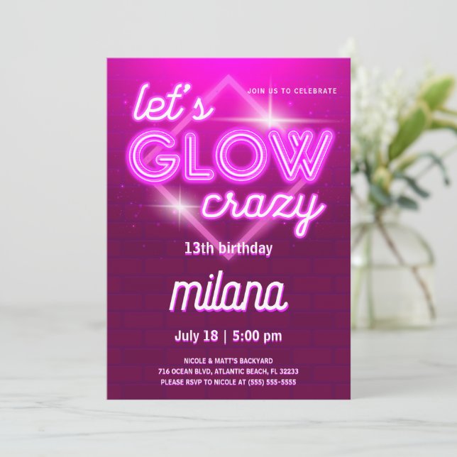 Pink Neon Birthday Party Invitation Card (Standing Front)