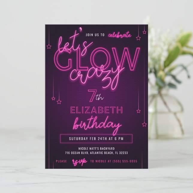 Pink Neon Birthday Party Let's Glow Crazy Invitation (Standing Front)