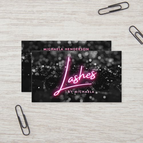 Pink Neon  Black Glitter Lash Extensions Salon Business Card