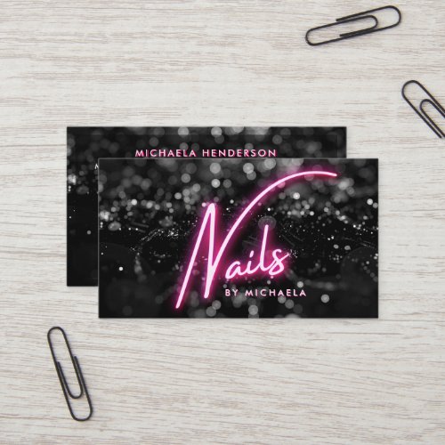 Pink Neon  Black Glitter Nail Salon Business Card