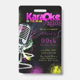 Pink Neon Black Karaoke 00th Birthday Party Invita Badge