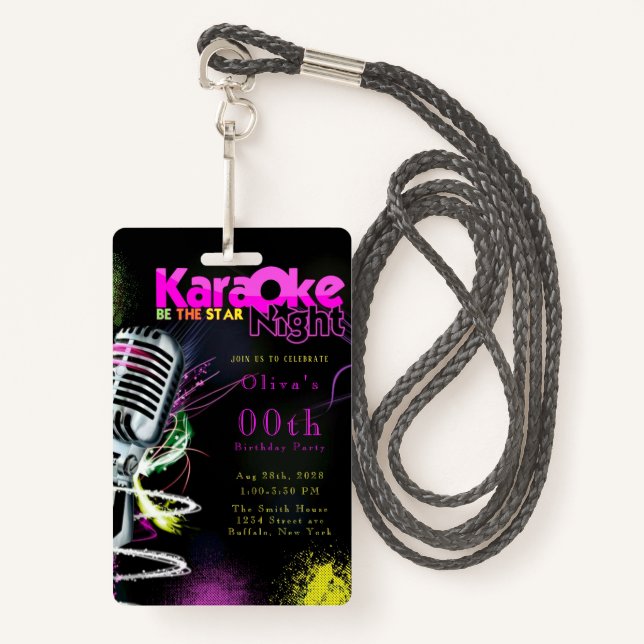Pink Neon Black Karaoke 00th Birthday Party Invita Badge (Front with Lanyard)