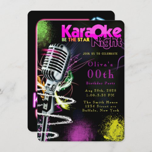Pink Neon Black Karaoke 00th Birthday Party Invitation