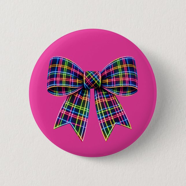Pink Neon Bow Tartan Ribbon Scottish Cute Button (Front)
