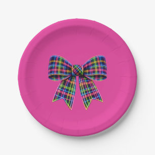 Pink Neon Bow Tartan Ribbon Scottish Cute Paper Plates