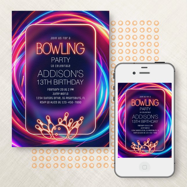 Pink Neon Bowling Birthday Invitation (Creator Uploaded)