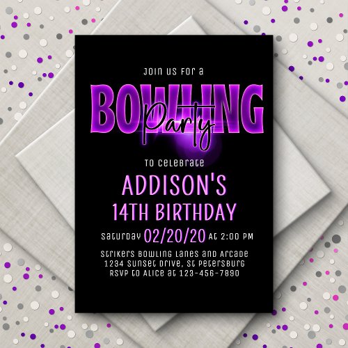 Pink Neon Bowling Party Birthday Invitation