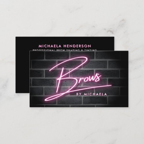 Pink Neon Brows Sign On Brick Wall Business Card