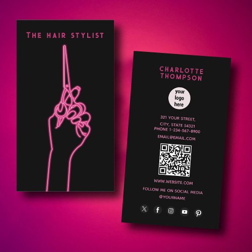 Pink Neon Business Logo Hairdresser Hair Stylist  Business Card