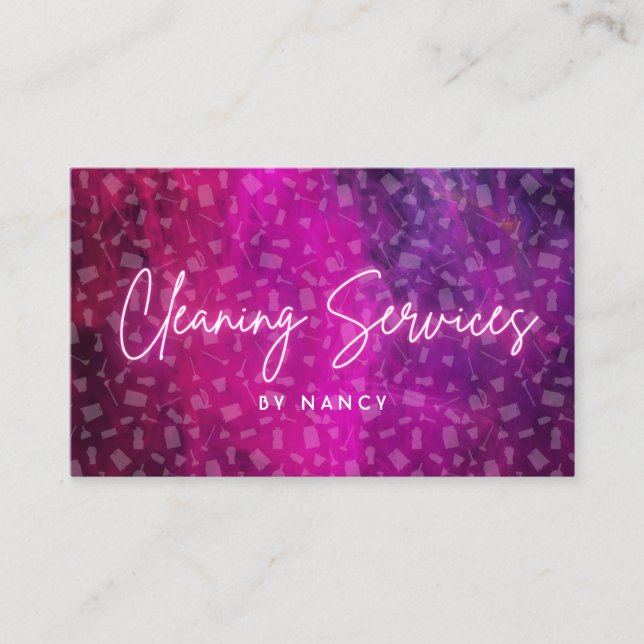 Pink Neon Cleaning Service Pattern Business Card (Front)