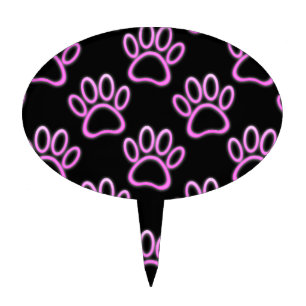 Pink Neon Dog Paw Print Cake Topper