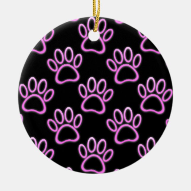 Pink Neon Dog Paw Print Ceramic Ornament (Front)