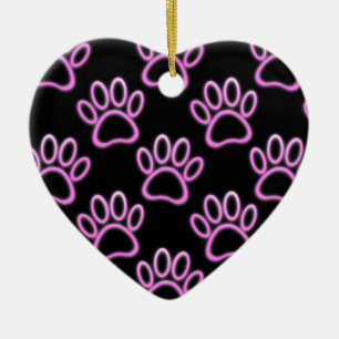 Pink Neon Dog Paw Print Ceramic Ornament