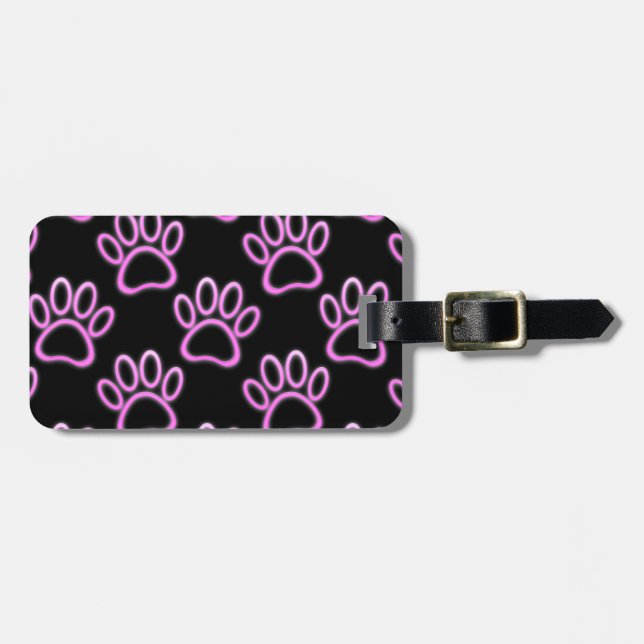 Pink Neon Dog Paw Print Luggage Tag (Front Horizontal)