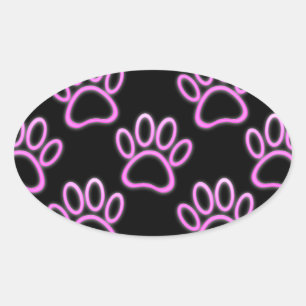 Pink Neon Dog Paw Print Oval Sticker