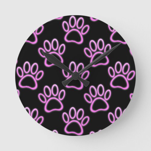 Pink Neon Dog Paw Print Round Clock