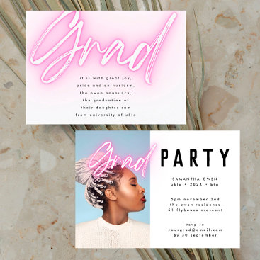 Pink Neon Elegant Ombre Grad Photo Party Invitation