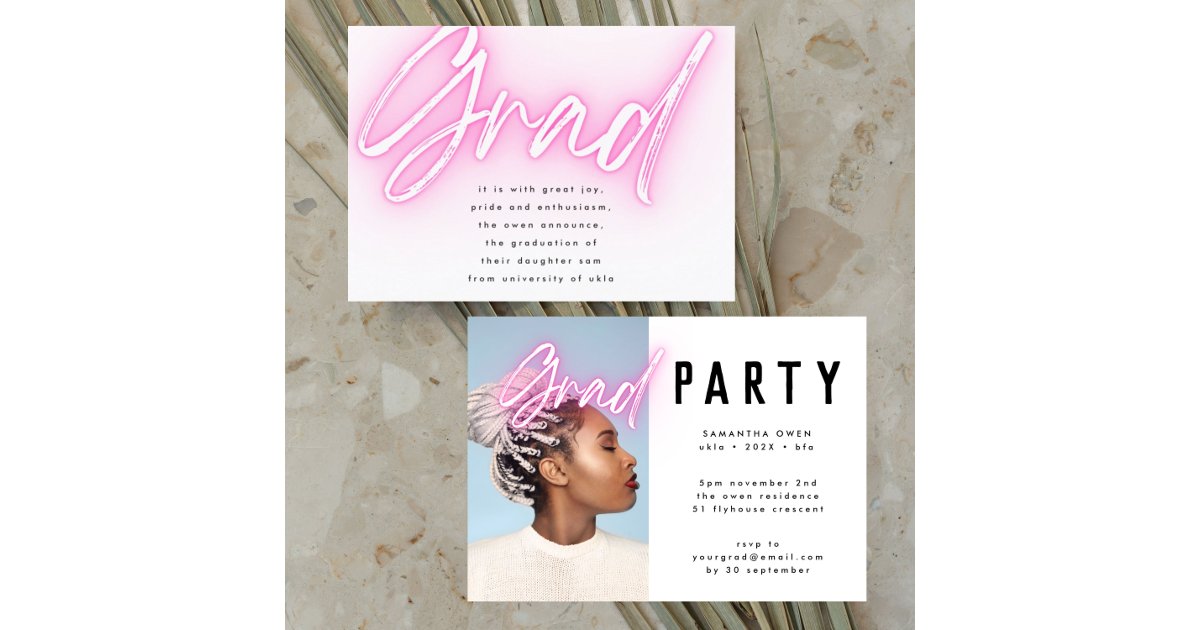 Pink Neon Elegant Ombre Grad Photo Party Invitation