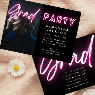 Pink Neon Elegant Ombre Grad Photo Party Invitation