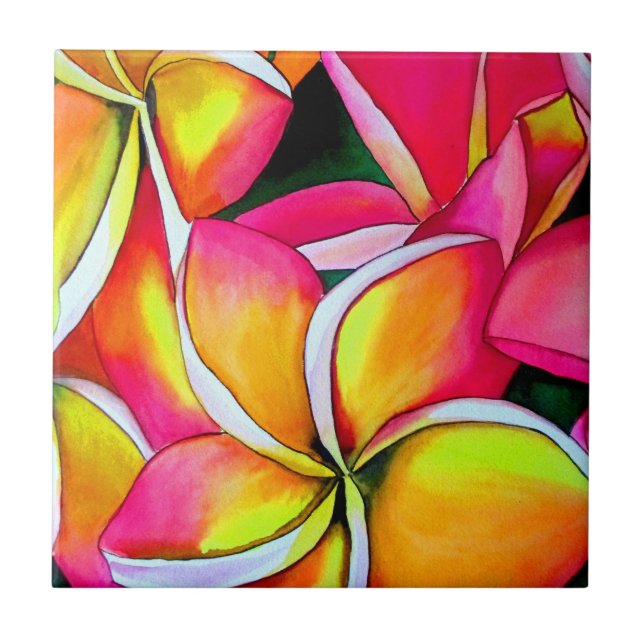 Pink neon Frangipani Plumeria Beach art Ceramic Tile (Front)