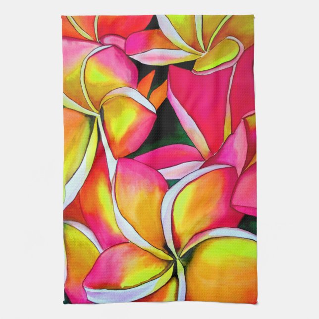 Pink neon Frangipani Plumeria Beach art Kitchen Towel (Vertical)