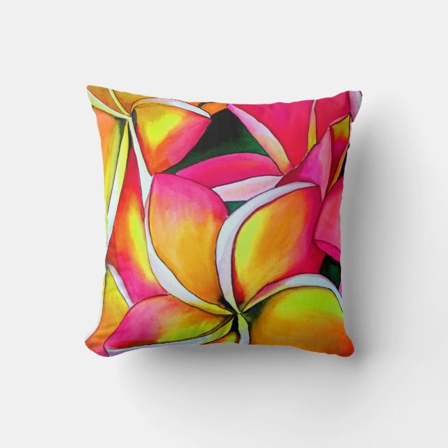 Pink neon Frangipani Plumeria Beach art Throw Pillow (Front)