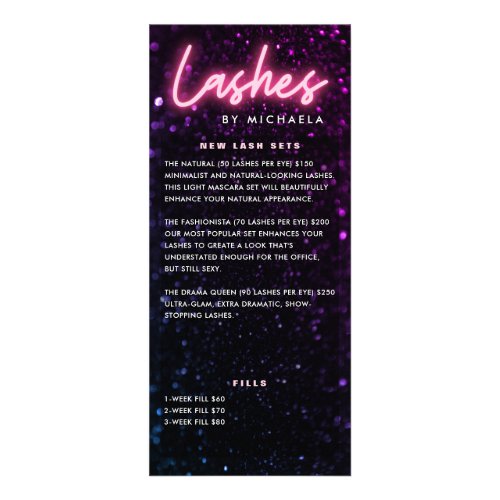 Pink Neon  Glitter Lash Extension Price List Rack Card